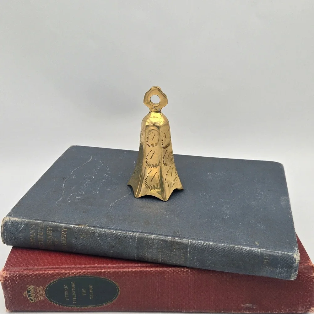 Vintage Small Solid Brass Bell Scalloped Edge Etched Design Meditation Chime 4